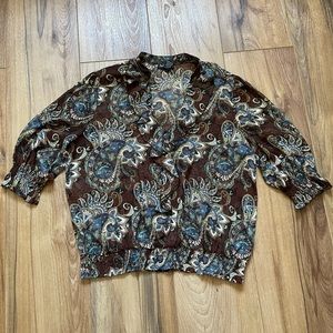 Ivy Chic Woman brown blue cream paisley print, 3/4 sleeve boho blouse Top 1X